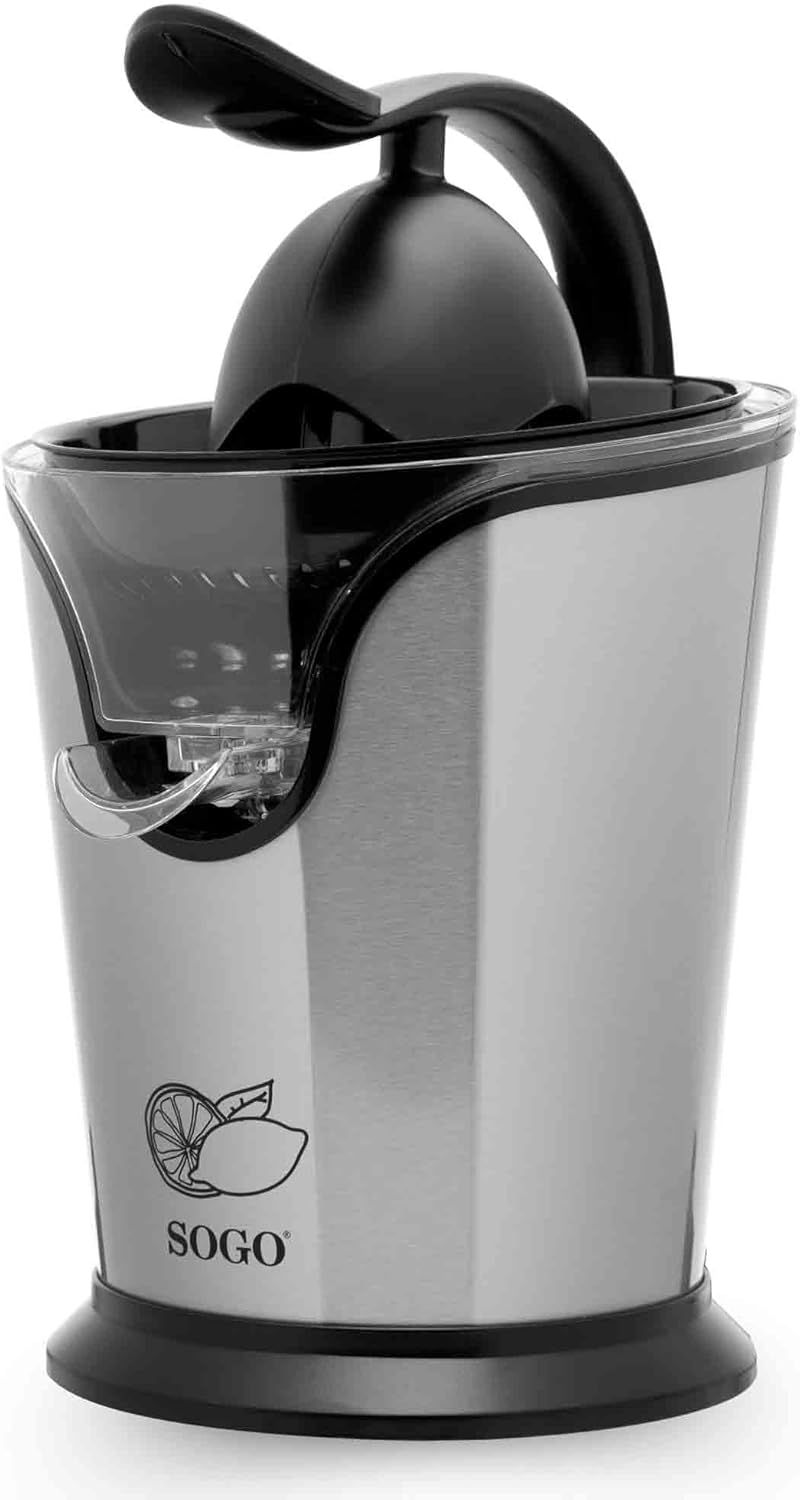 SOGO Electric Citrus Juicer with Lever – 100W, Stainless Steel, 2 Cones, Auto On/Off – SS-5255