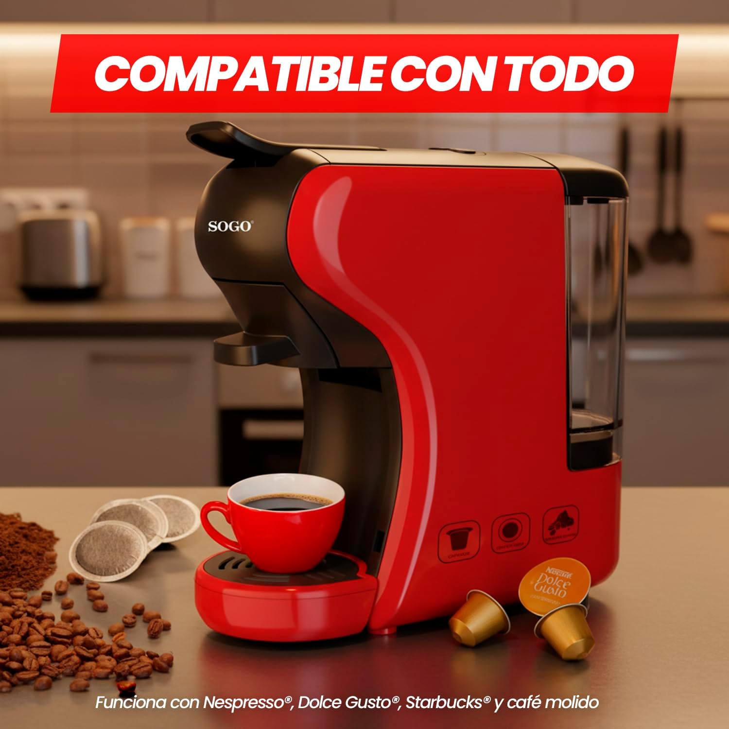 SOGO 3-in-1 Espresso Maker – 19 Bar, 0.6L, Multi-Capsule Compatible | CAF-SS-5675-R