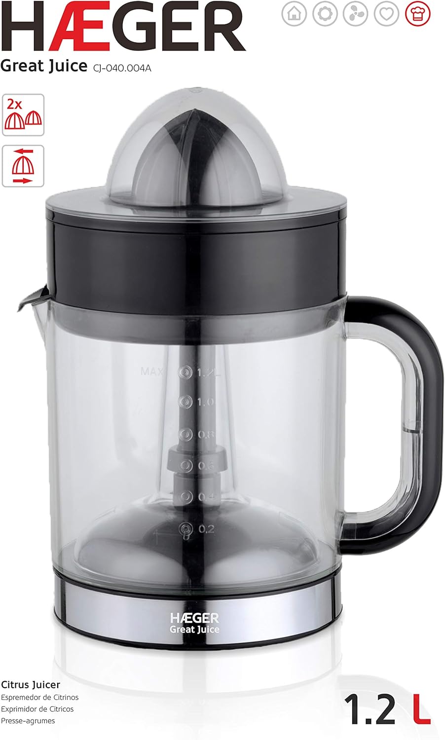 HAEGER Citrus Juicer Great Juice – 40W, 1.2L, Bi-Directional Cone | CJ-040.004A