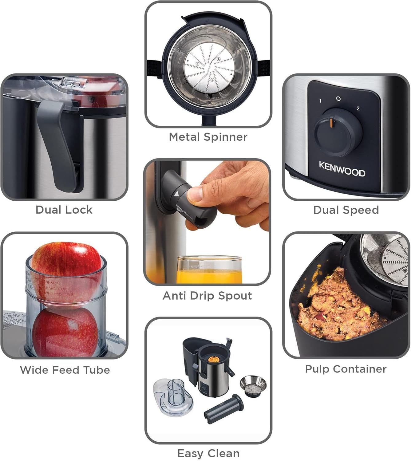Kenwood Juice Extractor 700W | 75mm Feed Tube, 2 Speed, Anti-Drip, 1.5L Pulp Container | JEM50.000BS