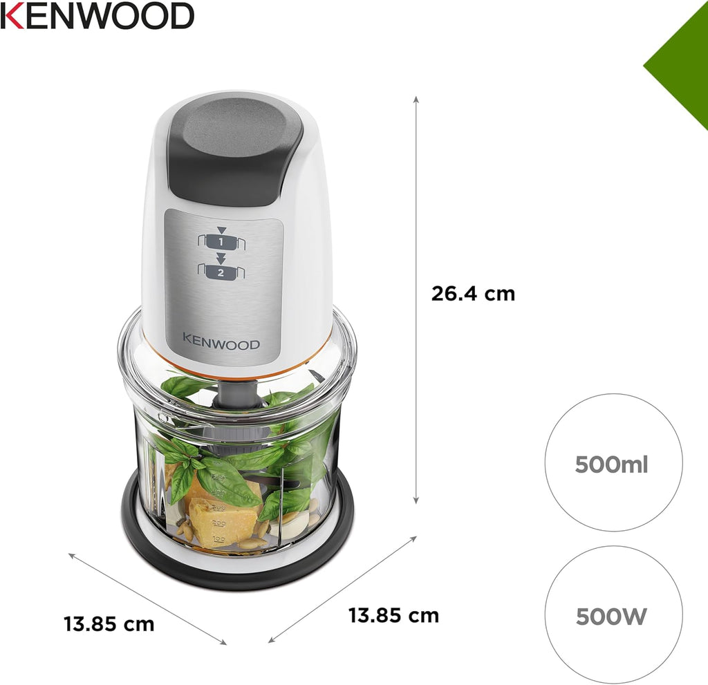 Kenwood Electric Food Chopper 500W | 2x500ml Bowls, Quad Blade, Mayo Attachment, Ice Crush | CHP61.200WH