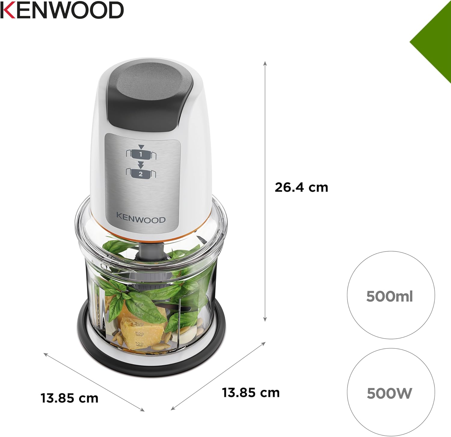 Kenwood Electric Food Chopper 500W | 2x500ml Bowls, Quad Blade, Mayo Attachment, Ice Crush | CHP61.200WH