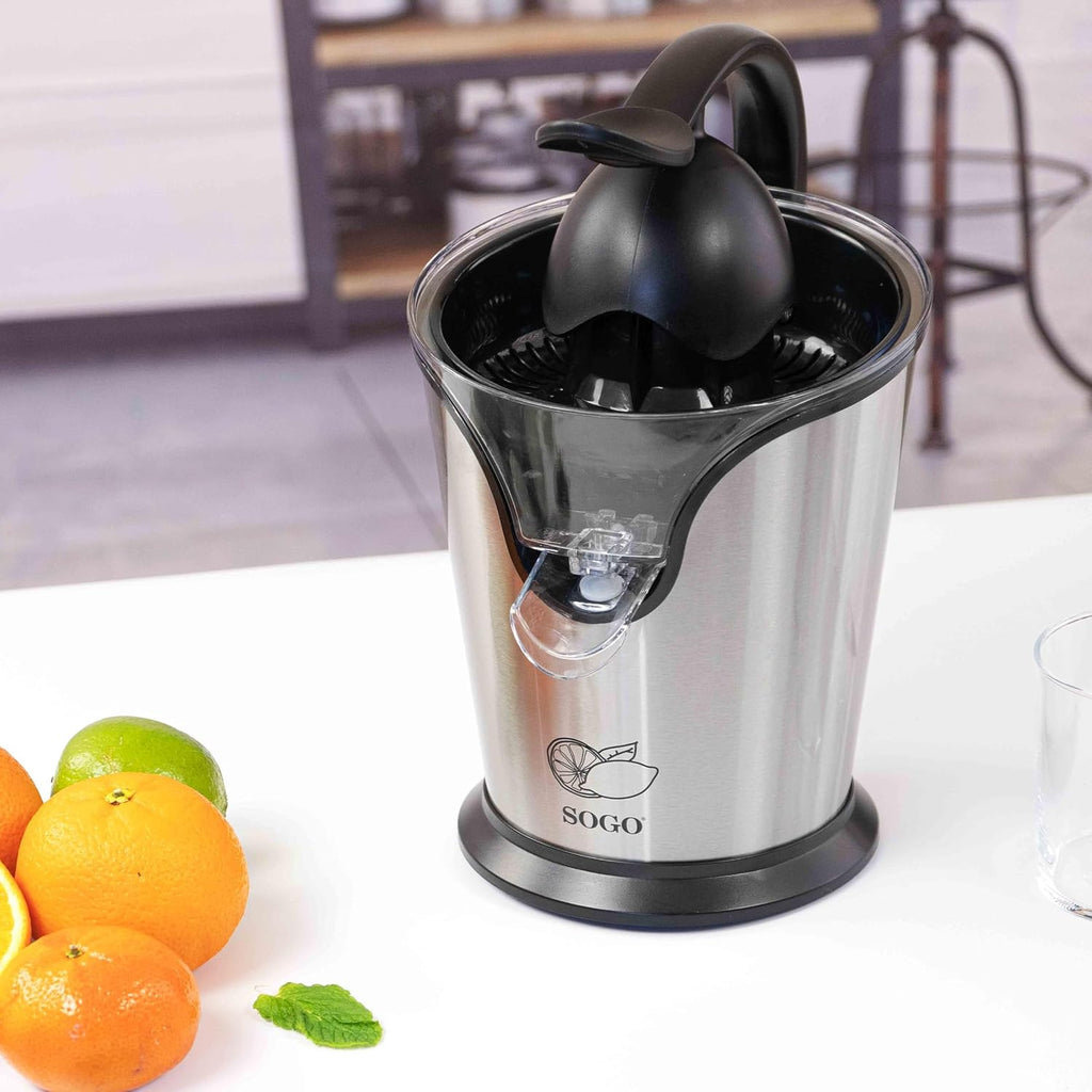 SOGO Electric Citrus Juicer with Lever – 100W, Stainless Steel, 2 Cones, Auto On/Off – SS-5255