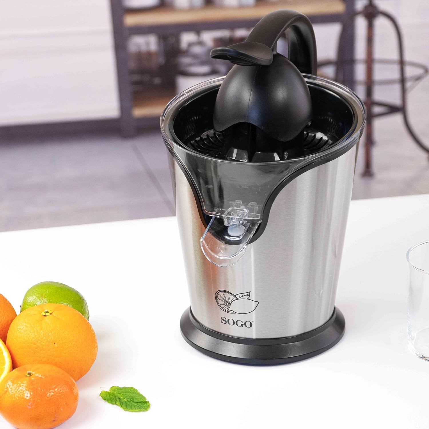 SOGO Electric Citrus Juicer with Lever – 100W, Stainless Steel, 2 Cones, Auto On/Off – SS-5255