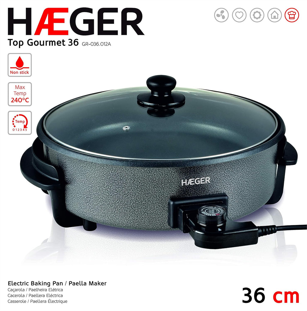 Haeger Electric Pan Top Gourmet 36 – Pizza & Multipurpose Casserole with Glass Lid, 5-Level Thermostat, Non-Stick, 1500W, GR-036.012A