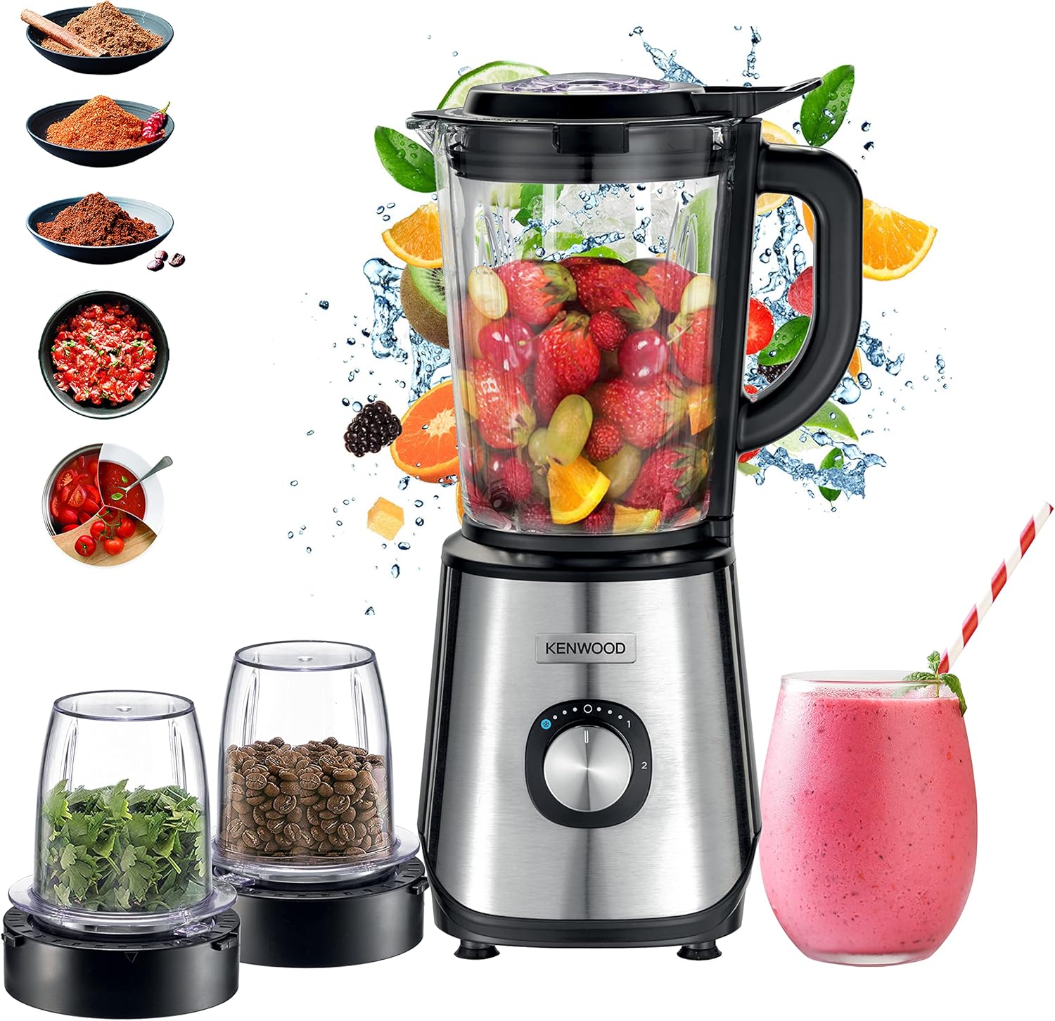 Kenwood Glass Blender 1000W | 2L Glass Jar, 2 Grinder Mills, Ice Crush, Black/Silver | BLM45.720SS
