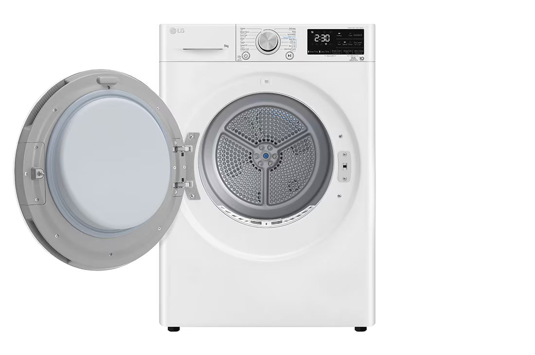 نشافة إل جي باللون الأبيض بحساس حراري مزدوج وتقنية Inverter، سعة 9 كجم طراز RH90V3AV0N