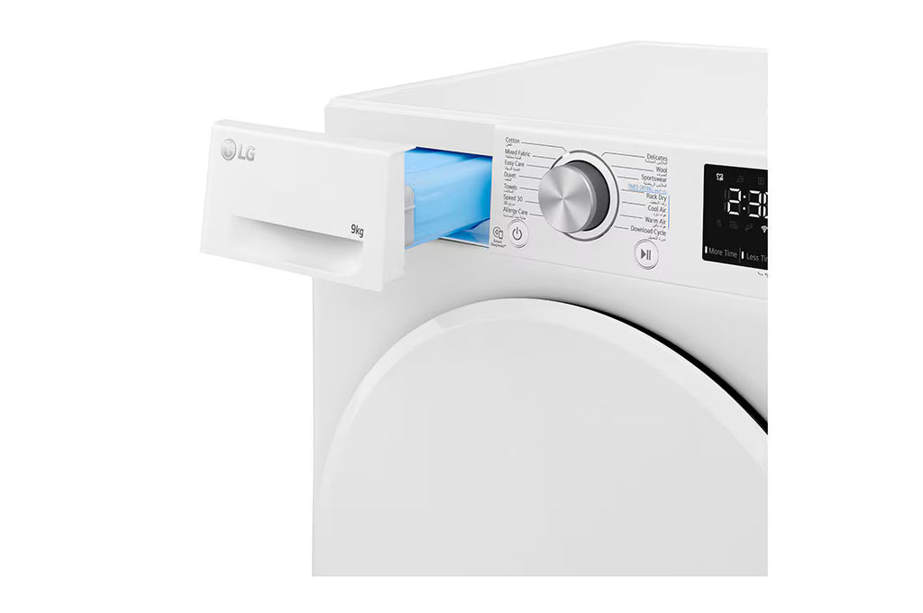 نشافة إل جي باللون الأبيض بحساس حراري مزدوج وتقنية Inverter، سعة 9 كجم طراز RH90V3AV0N