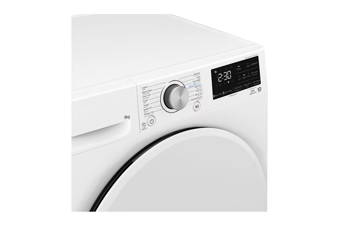 نشافة إل جي باللون الأبيض بحساس حراري مزدوج وتقنية Inverter، سعة 9 كجم طراز RH90V3AV0N