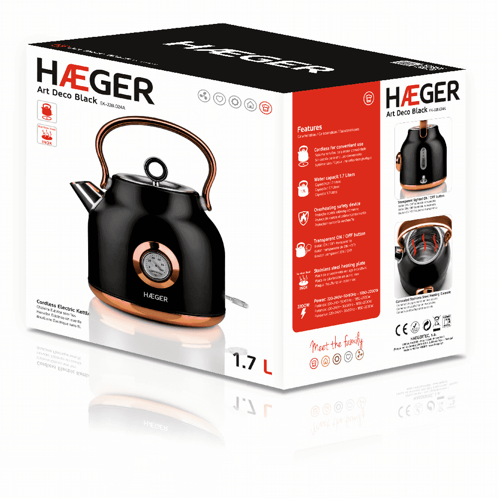 HAEGER Kettle Art Deco Black Electric – Inox 1.7L, 2200W | EK-22B.024A