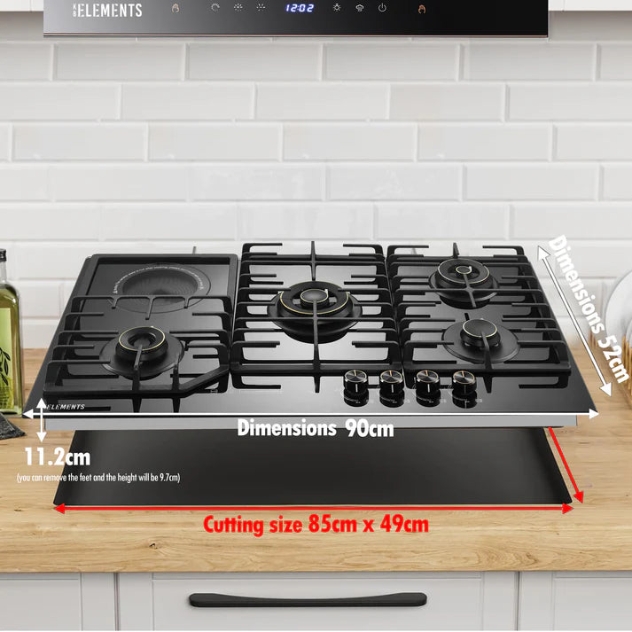 KB ELEMENTS Built-In Gas Cooktop 90cm – 4 Gas Burners + 1 Electric Cooker, Tempered Glass (ELK131GH5)