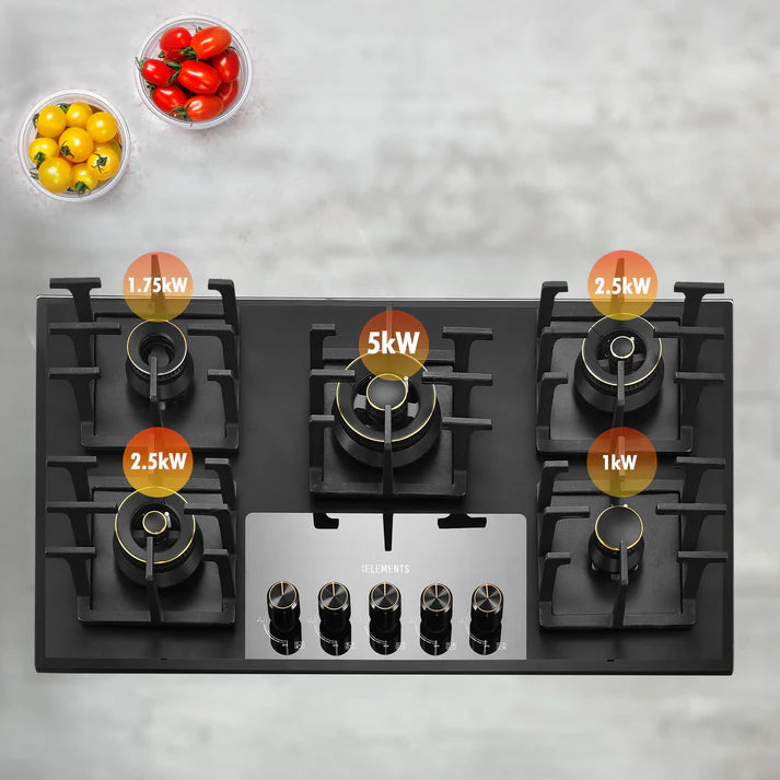 KB ELEMENTS Built-In Gas Cooktop 90cm – 5 Burners Tempered Glass with LED Knobs (ELK132GH5)