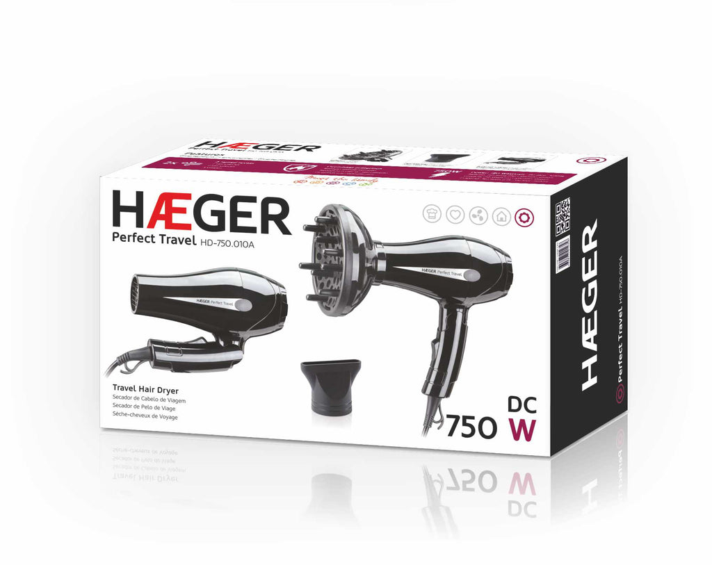 Haeger Hair Dryer 750W Perfect Travel – Foldable, Non-Stop Anti-Heat, 2 Speeds, Concentrator & Diffuser, HD-750.010B