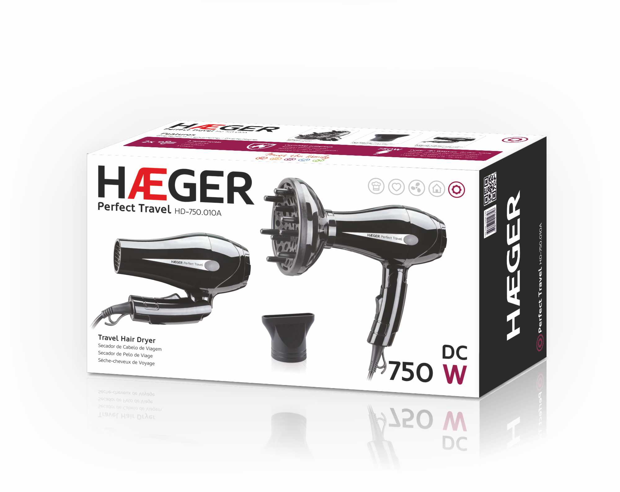 Haeger Hair Dryer 750W Perfect Travel – Foldable, Non-Stop Anti-Heat, 2 Speeds, Concentrator & Diffuser, HD-750.010B