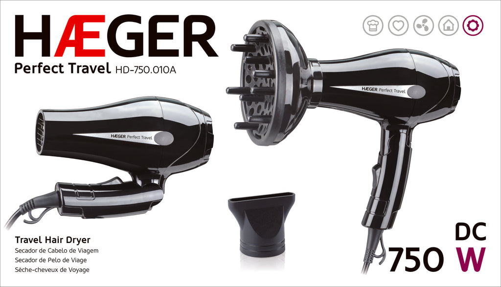 Haeger Hair Dryer 750W Perfect Travel – Foldable, Non-Stop Anti-Heat, 2 Speeds, Concentrator & Diffuser, HD-750.010B