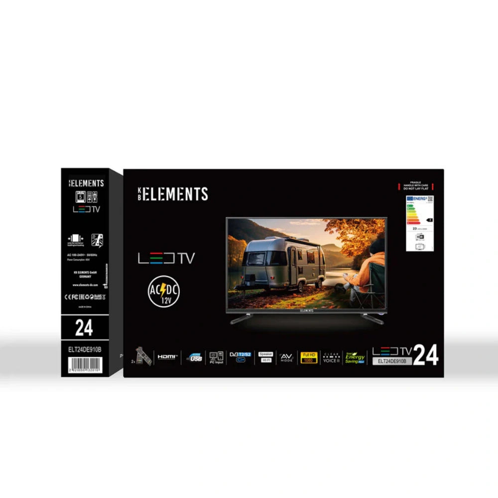 تلفزيون KB Elements LED مقاس 24 بوصة بدقة FHD، طراز ELT24DE910B، يعمل ببطارية 12 فولت