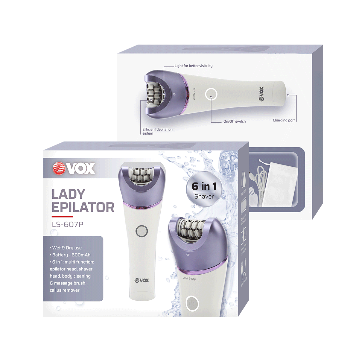 Vox Epilator  6-in-1 – IPX7 Waterproof, 120 Min, LED Light, Purple, LS607P