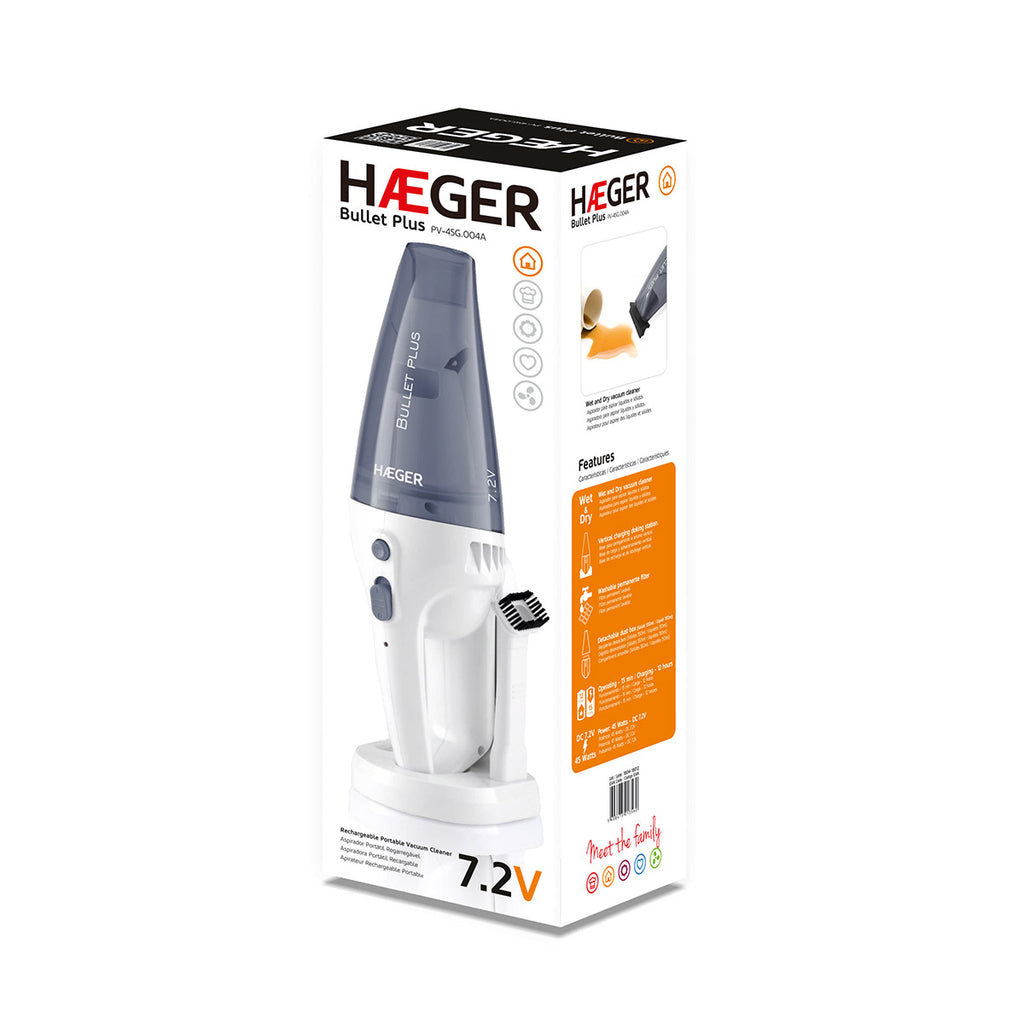 Haeger Vacuum Cleaner 40W Wet & Dry Bullet Plus Rechargeable Handheld – Grey, Washable Filter, 3 Nozzles, PV-45G.004A