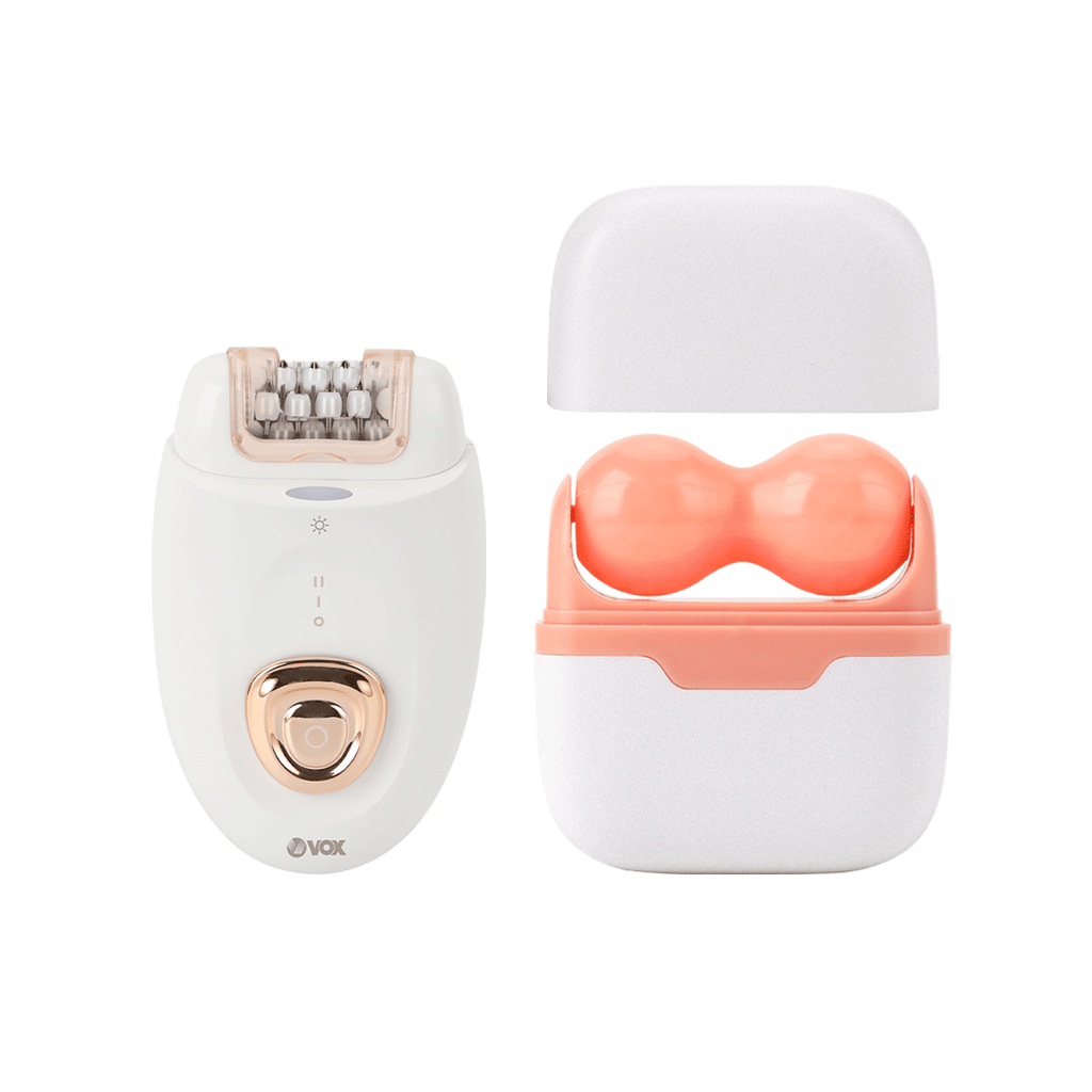 Vox Epilator with Ice Roller – 32 Tweezers, LED Light, 60 Min, White, SETLS5058N