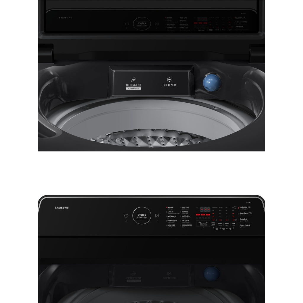 Samsung AI Top-Load Washing Machine 15kg – Bespoke EcoBubble, AI Wash, BubbleStorm, SmartThings, Black Caviar | WA80F15S5CRQ