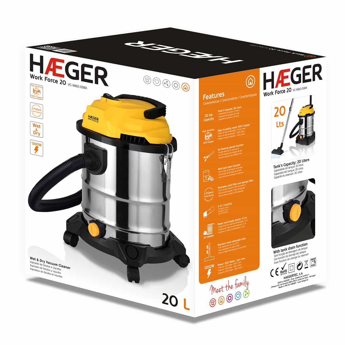 Haeger Vacuum Cleaner 1200W Work Force 20 Wet & Dry  – 20L INOX, 16 kPa, Air Blower, Tank Drain, VC-W&D.038A