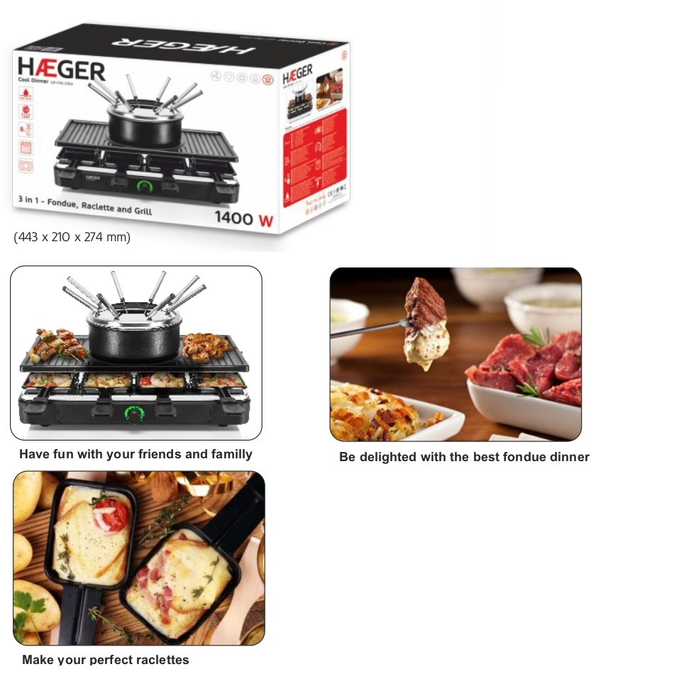 Haeger Fondue, Grill & Raclette Set for 8 Cool Dinner – 1400W GR-FRG.016A