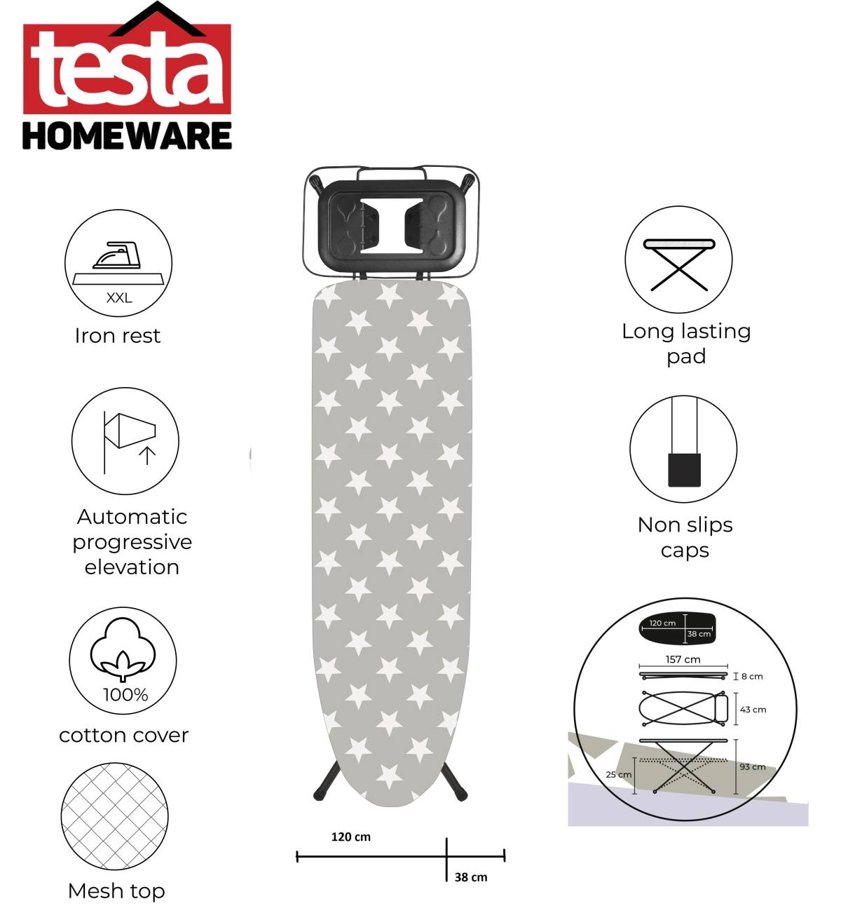 Testa Ironing Board Lexa - Made in Portugal, 120x38cm, 100% Cotton Cover